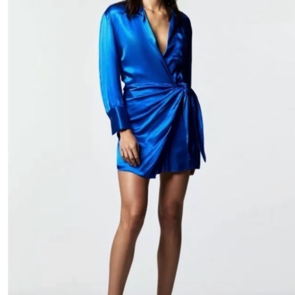 Zara Satin Wrap Dress - Bright Blue